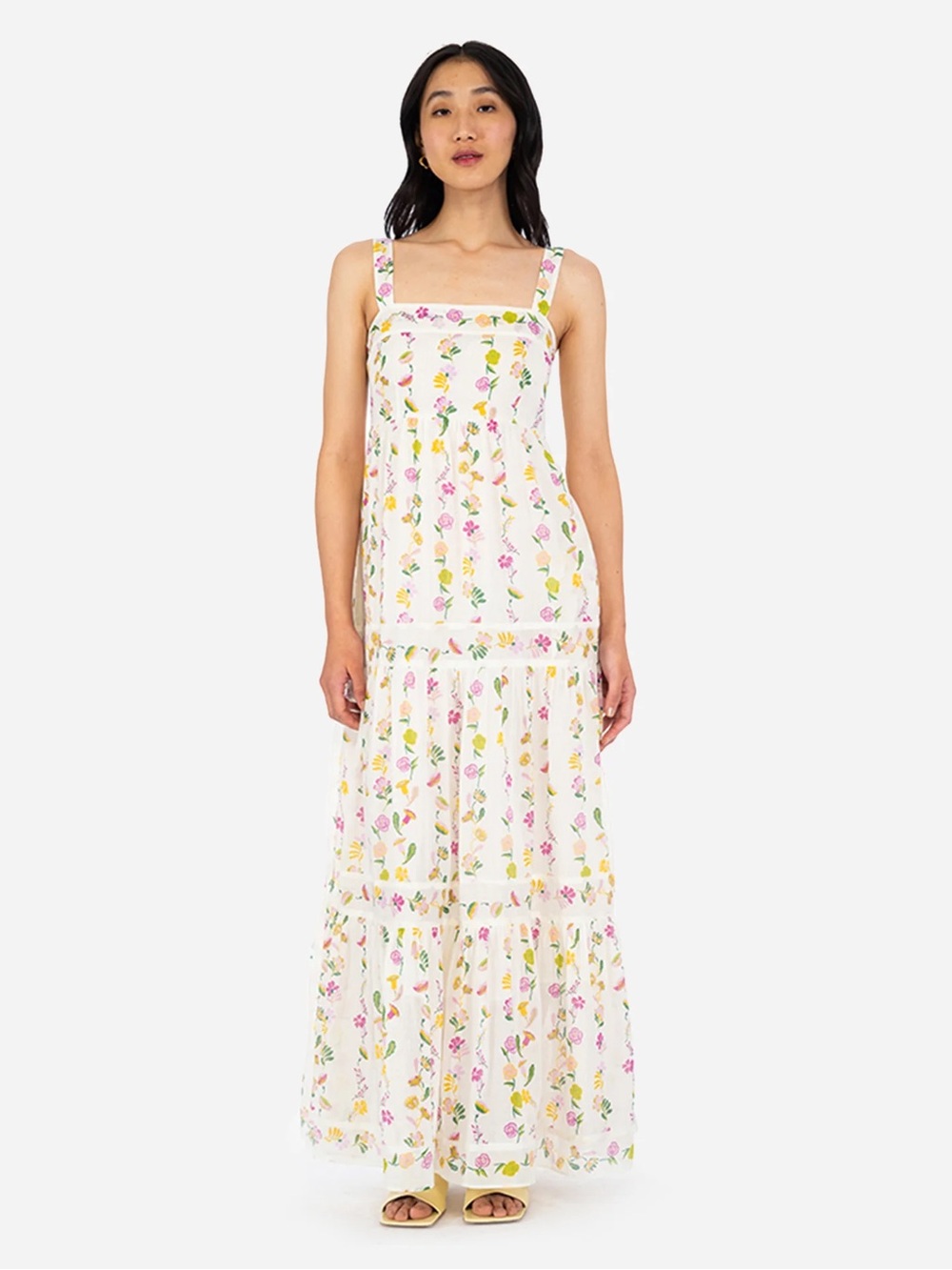 NWT Banjanan White Maxi Dress with Pink & Yellow Floral Print